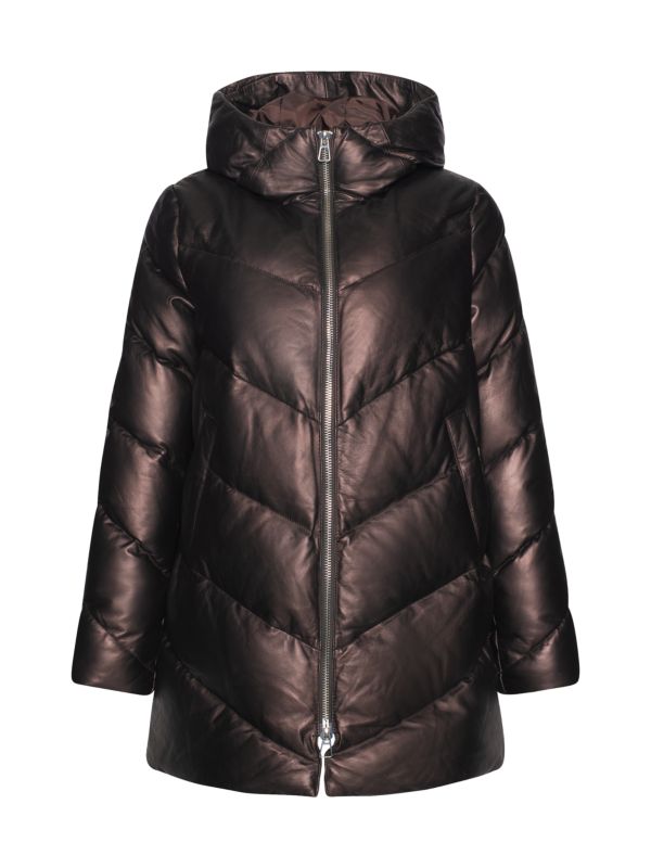 WOLFIE FURS Leather & Down Puffer Hooded Jacket